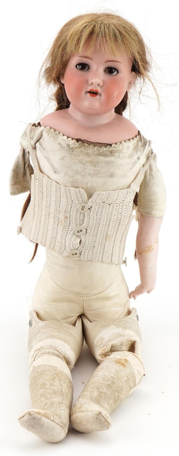 Armand Marseille, large antique German bisque headed and leather doll with open close eyes and