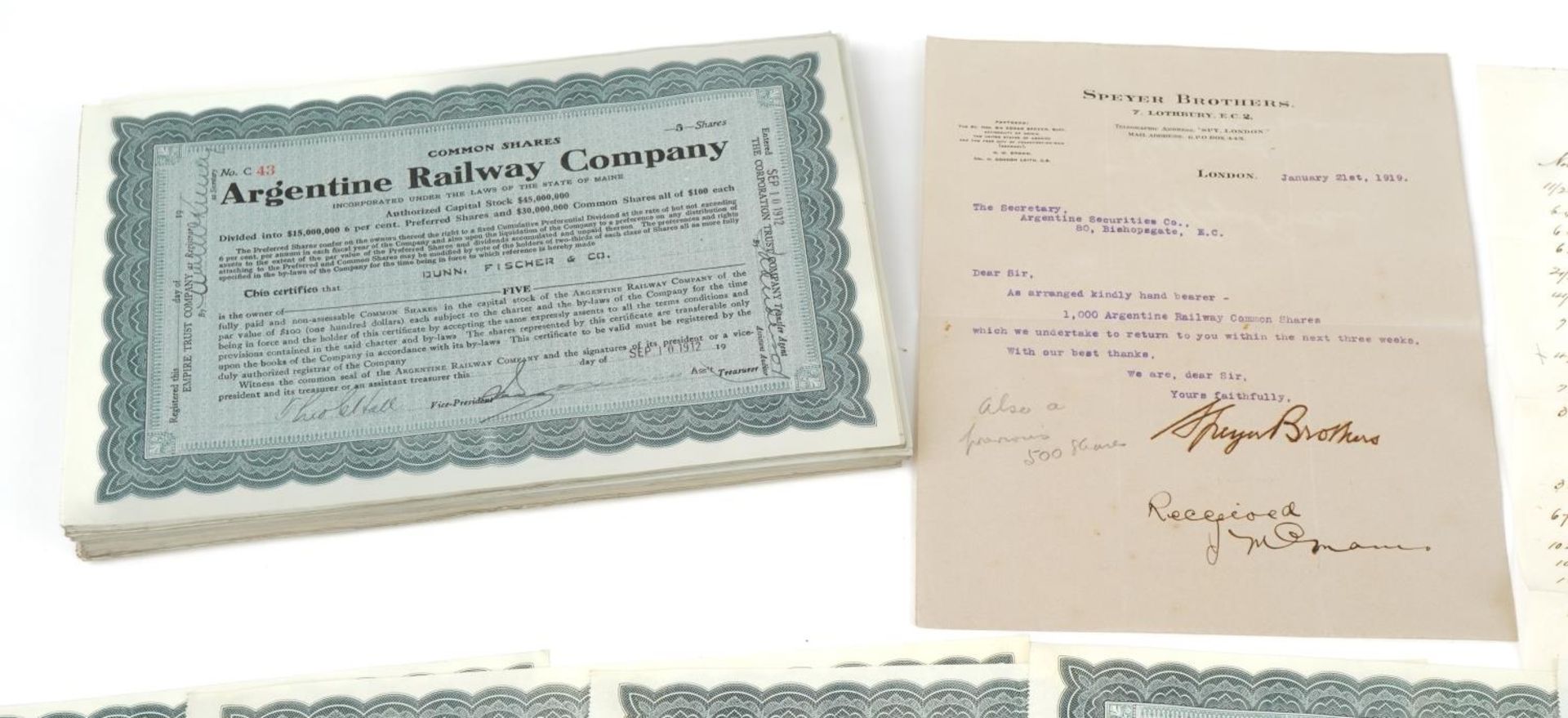 Extensive collection of early 20th century Argentine Railway Company share certificates - Bild 2 aus 6