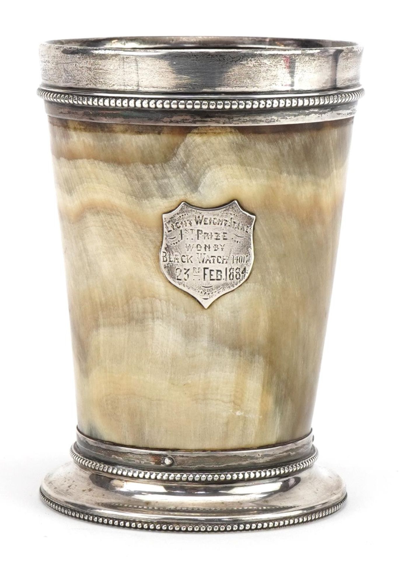 Victorian foxhunting interest silver mounted horn beaker with shield engraved Lightweight Stake