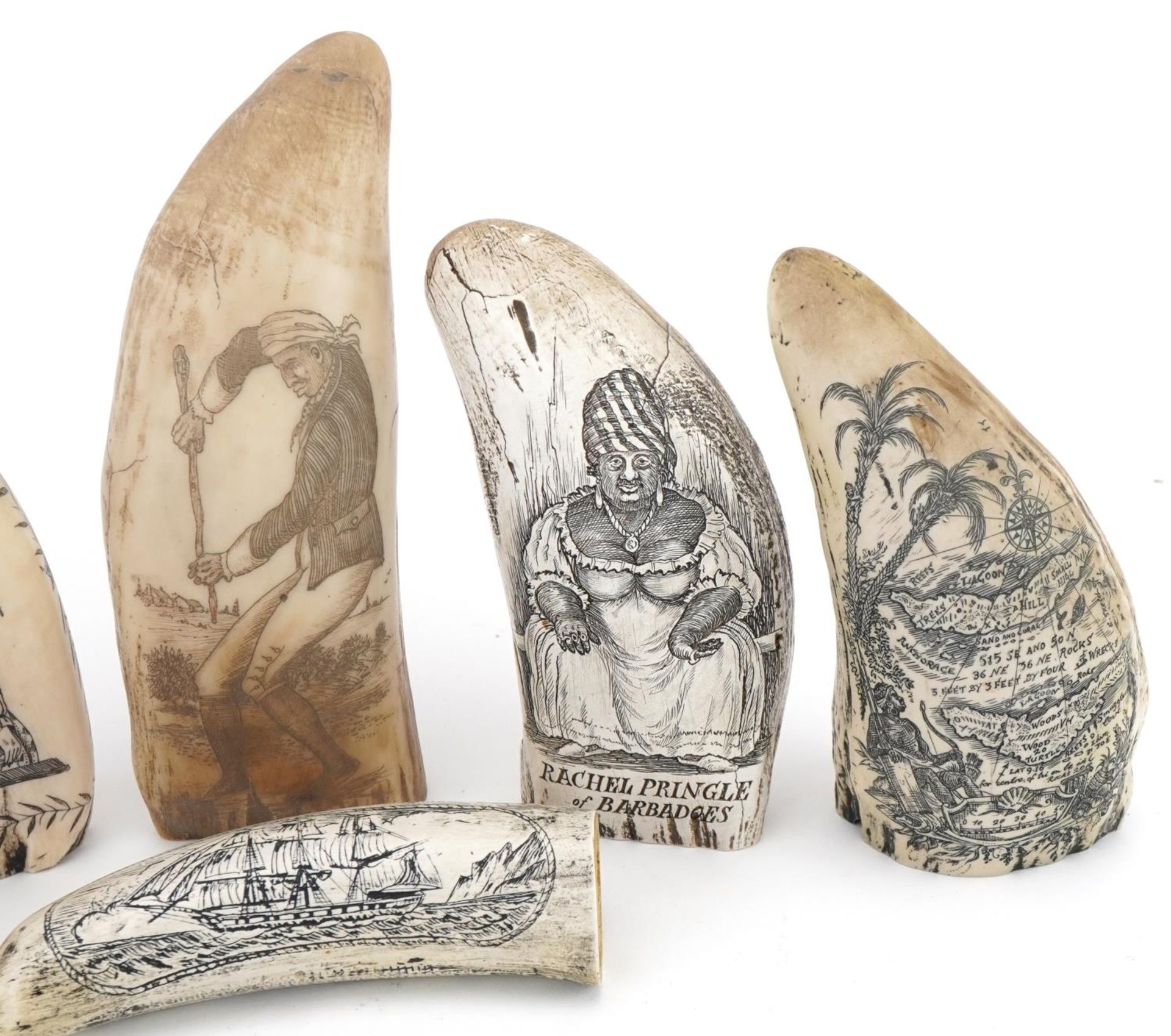 Six scrimshaw style decorative tusks decorated with figures and ships, the largest 16cm high - Bild 5 aus 14