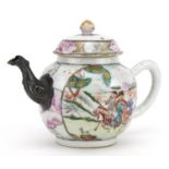 Chinese porcelain teapot with white metal spout hand painted in the famille rose palette with panels