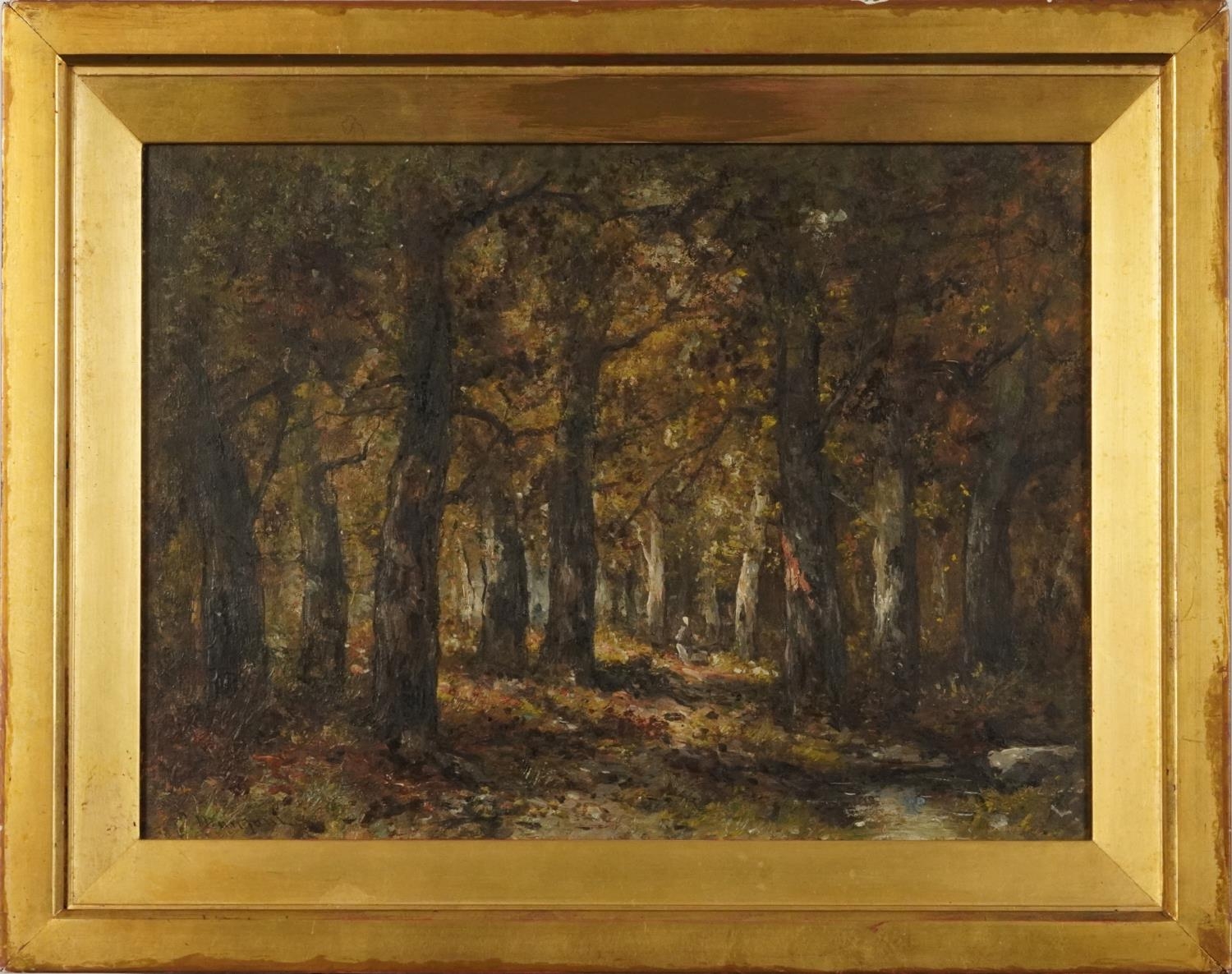 Woodland landscape with figure, oil on canvas, indistinctly signed, C Halford, Camden Town stamp - Image 4 of 10