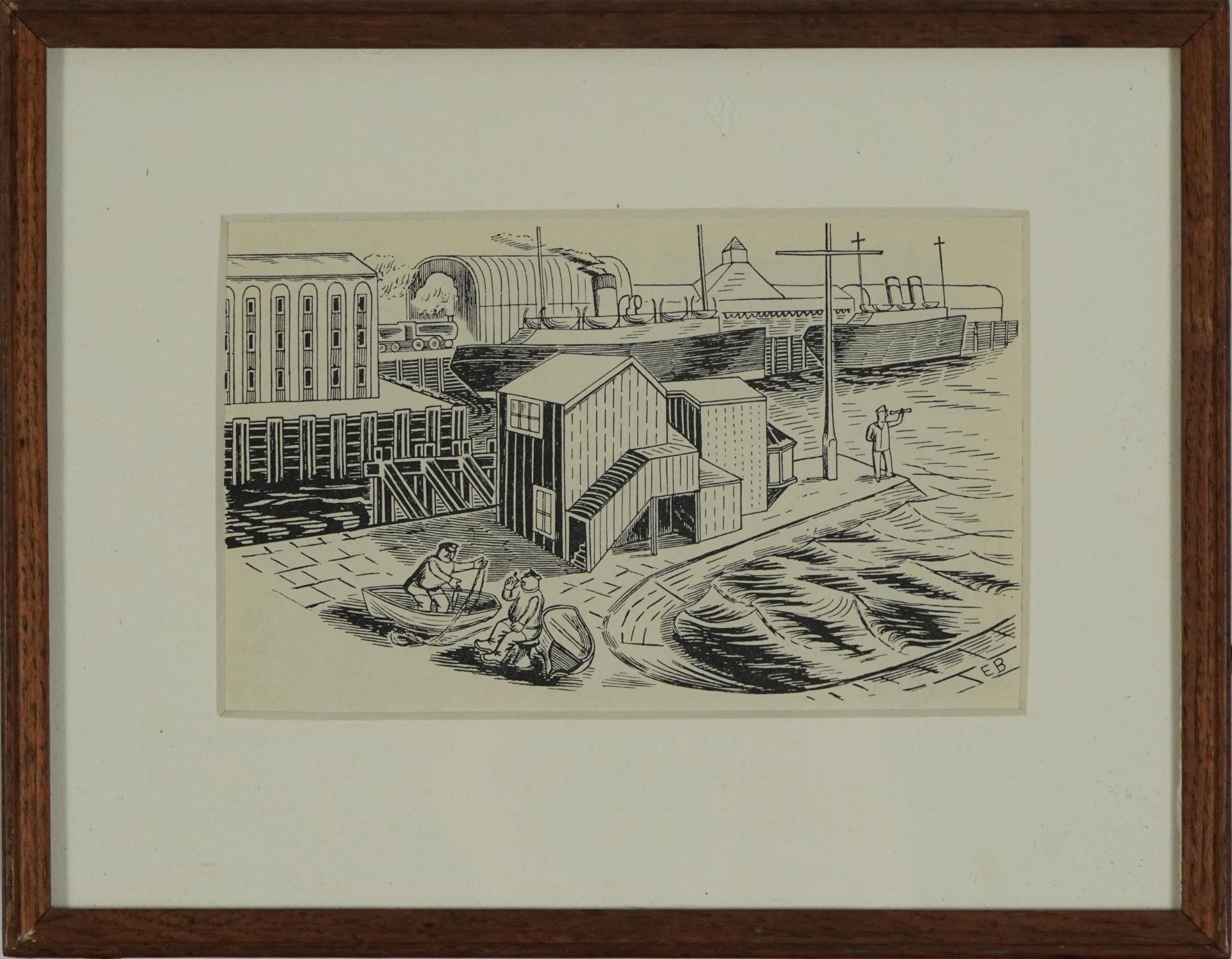 Edward Bawden - Industrial port scene with figures, lithographic print, various inscriptions verso - Image 3 of 10