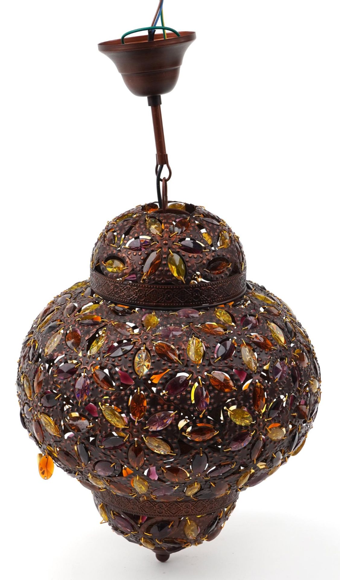 Pair of Moroccan bronzed light pendants with coloured glass beads, 50cm high - Image 10 of 12