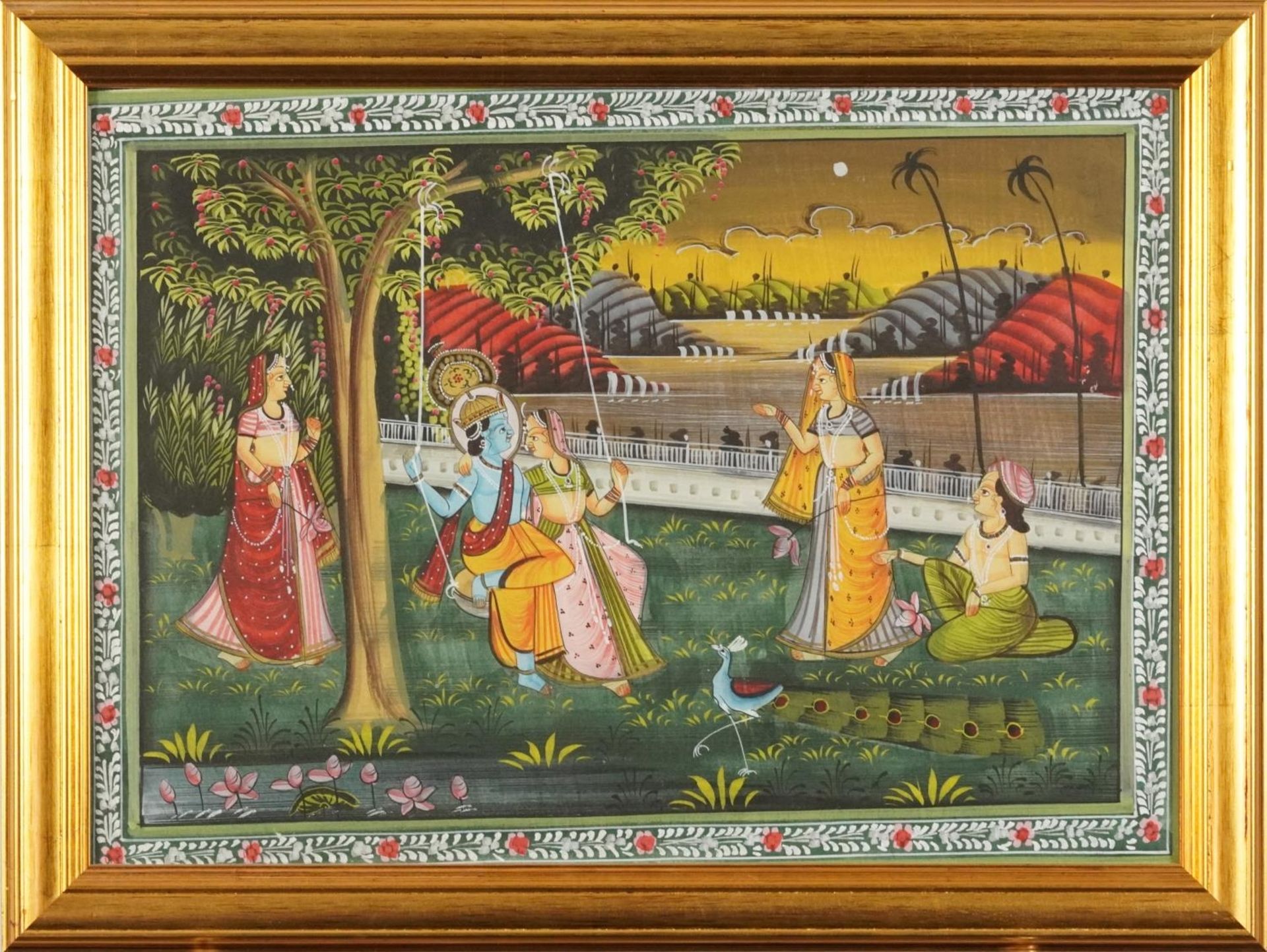Females and attendants before landscapes, set of three Indian Mughal school watercolours, framed and - Bild 3 aus 10