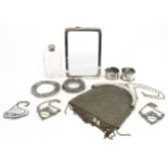 Antique and later silver and white metal objects including a chainmail purse, napkin rings and