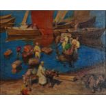 Manner of Adam Styka - Figures and camel before boats, Orientalist oil on board, mounted and framed,