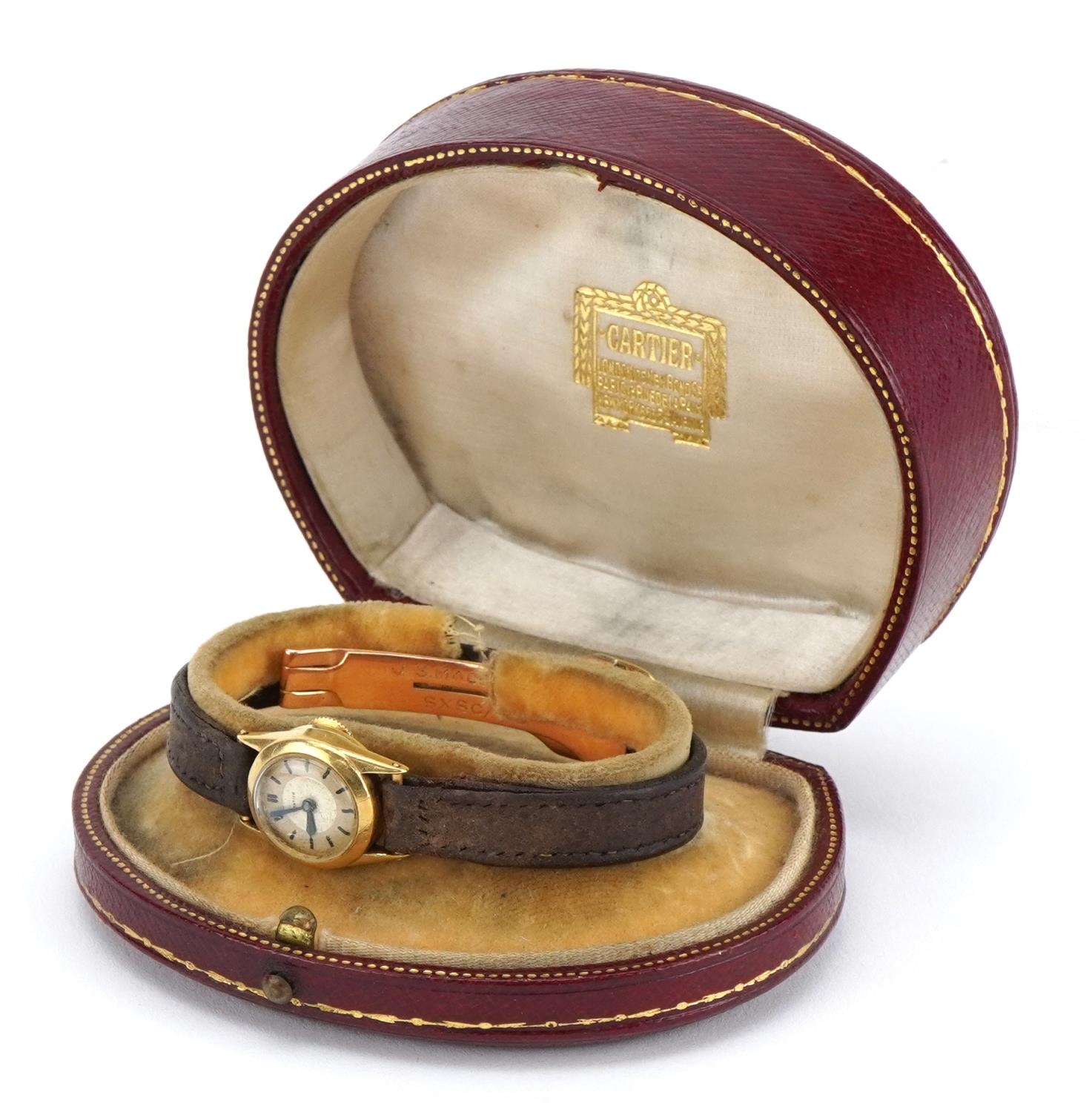 Cartier, early 20th century ladies gold Cartier wristwatch with leather strap and 18ct gold strap - Image 2 of 8