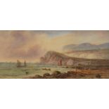 A Lewis 1904 - Coastal landscape with figures and fishing boats, early 20th century watercolour on