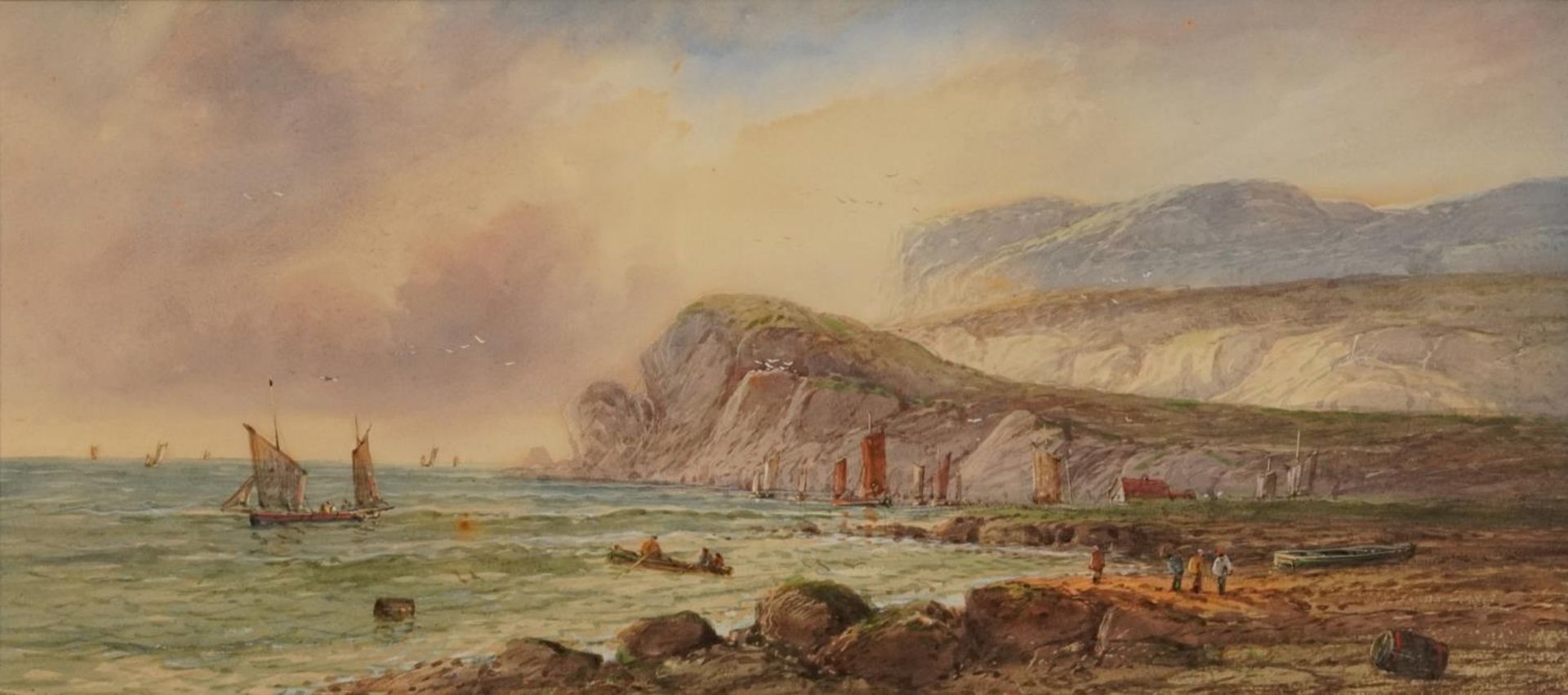 A Lewis 1904 - Coastal landscape with figures and fishing boats, early 20th century watercolour on