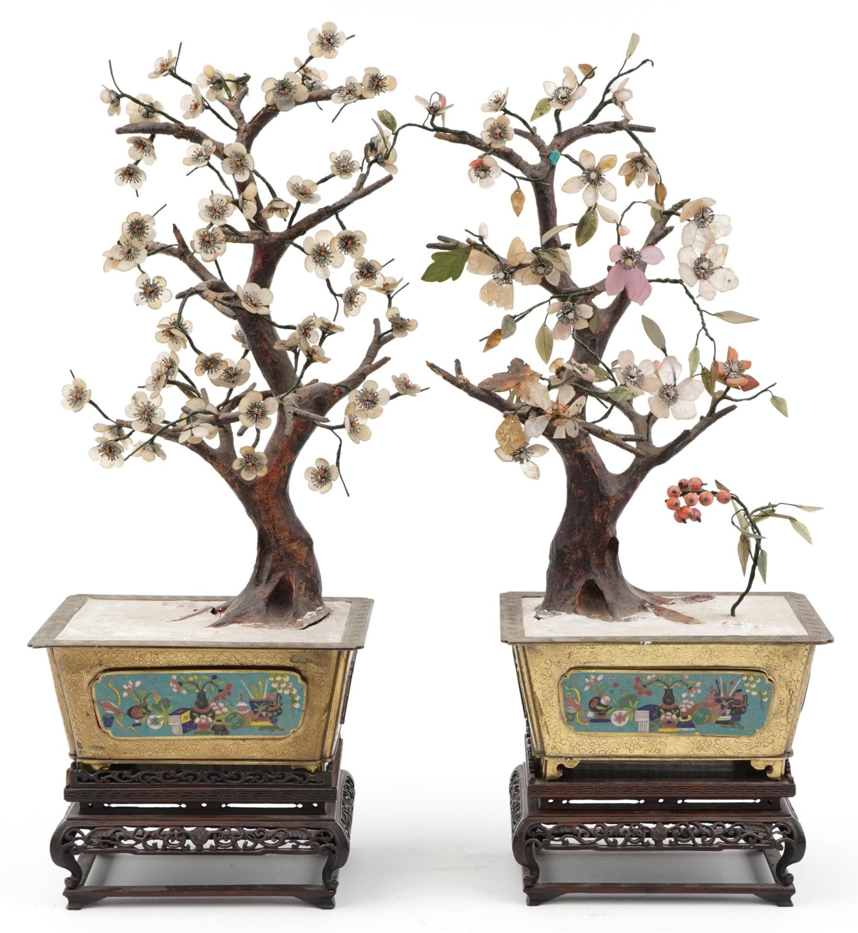 Good pair of Chinese hardstone bonsai trees housed in engraved brass planters with cloisonne - Image 4 of 6