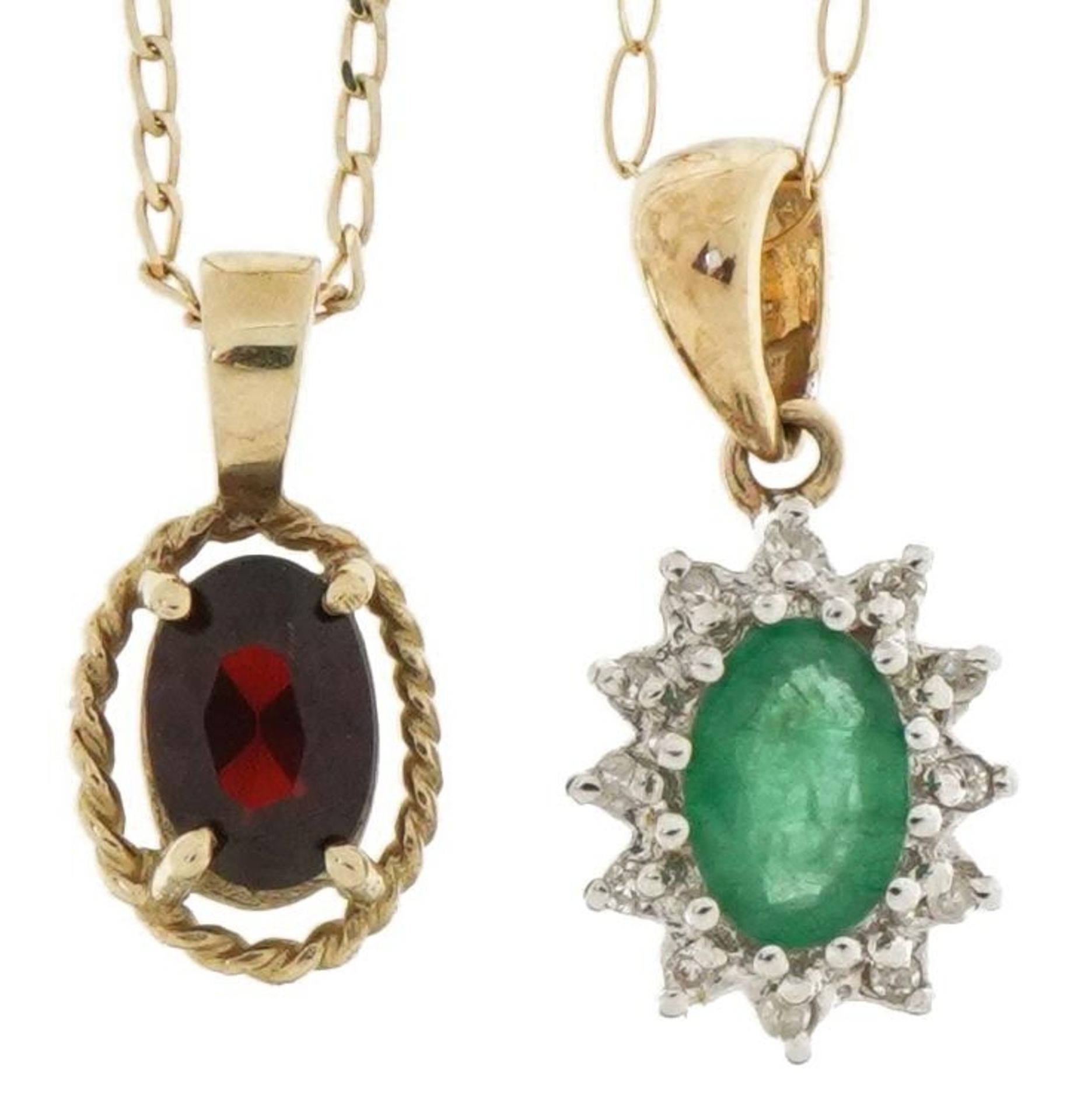 Two 9ct gold pendants comprising emerald and diamond and garnet solitaire, each on 9ct gold