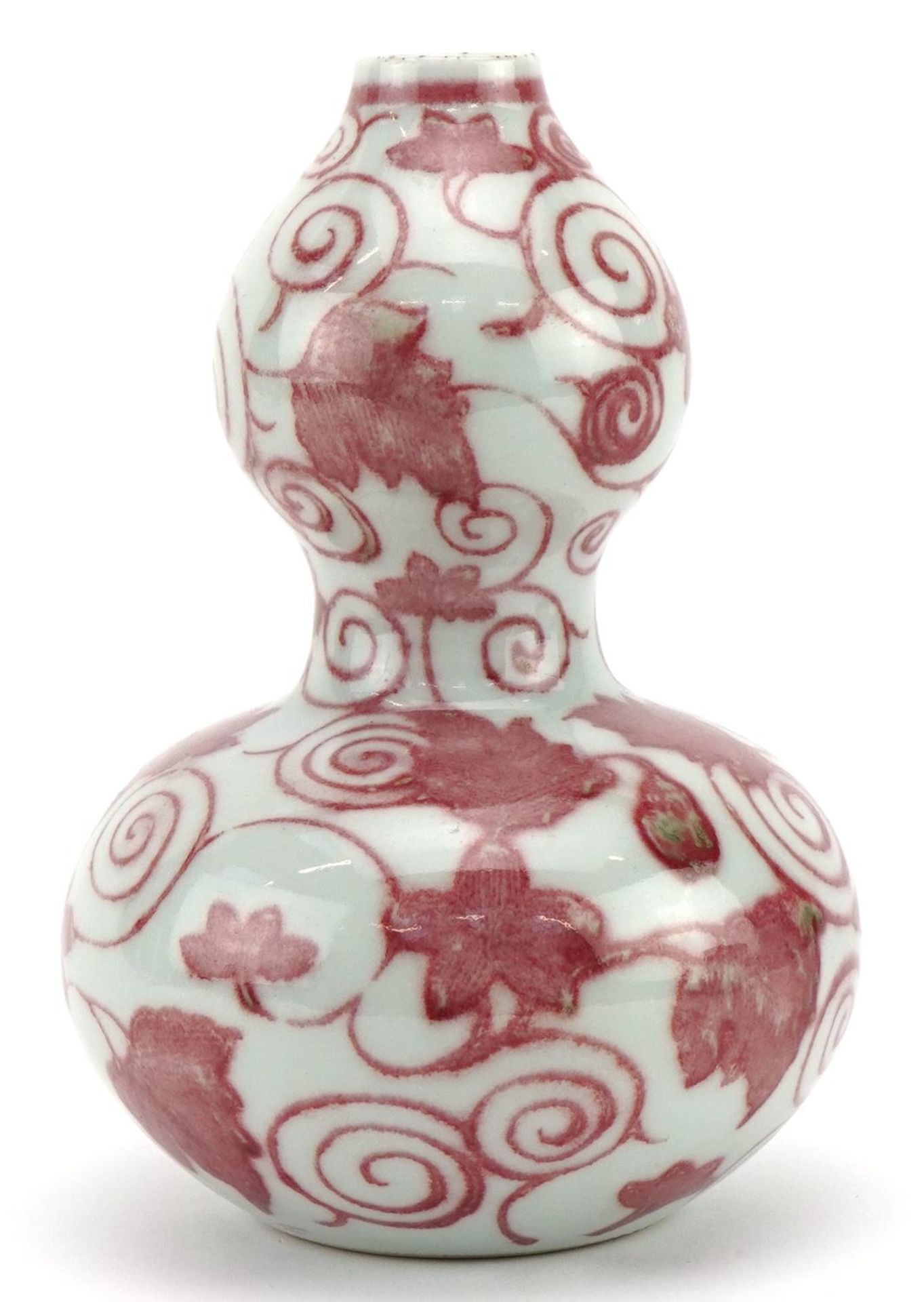 Chinese porcelain iron red double gourd vase hand painted with flowers amongst scrolling foliage,