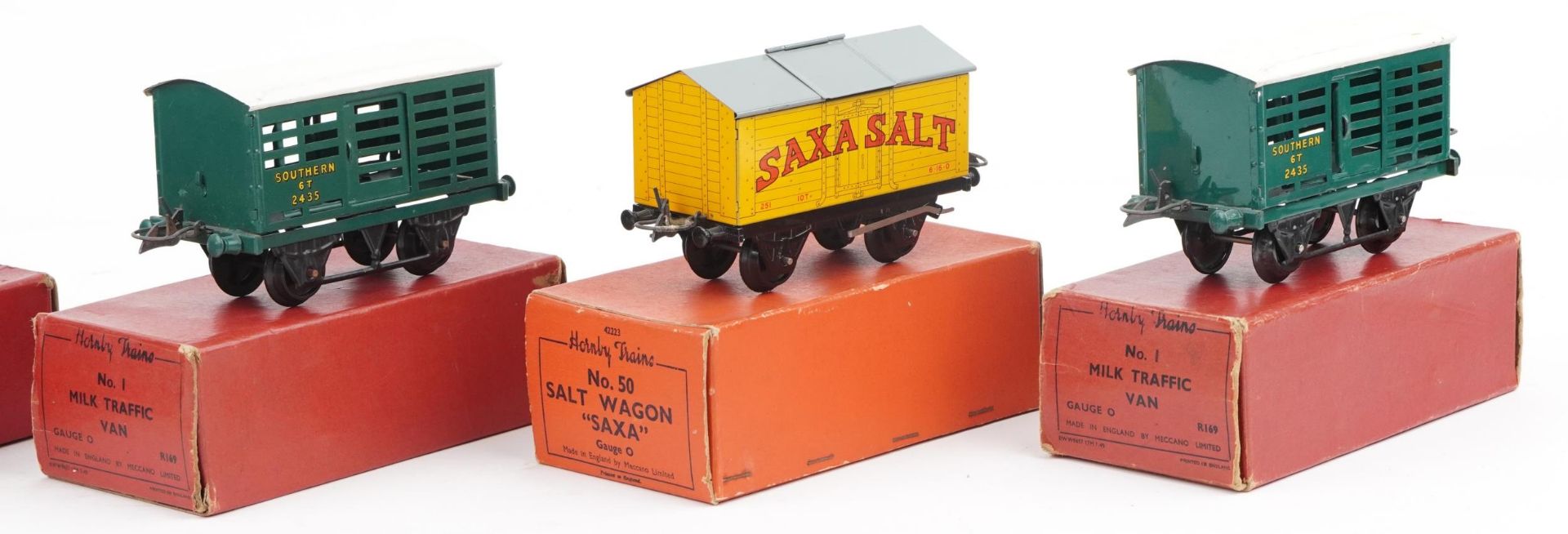 Five Hornby O gauge tinplate model railway wagons and vans with boxes comprising No 1 Milk Traffic - Image 3 of 5