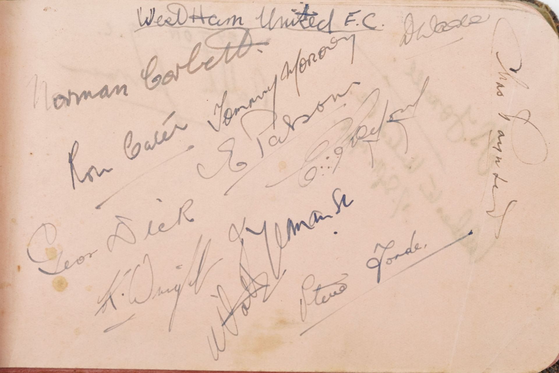 Autographs and annotations arranged in an album including West Ham United, Leighton FC and