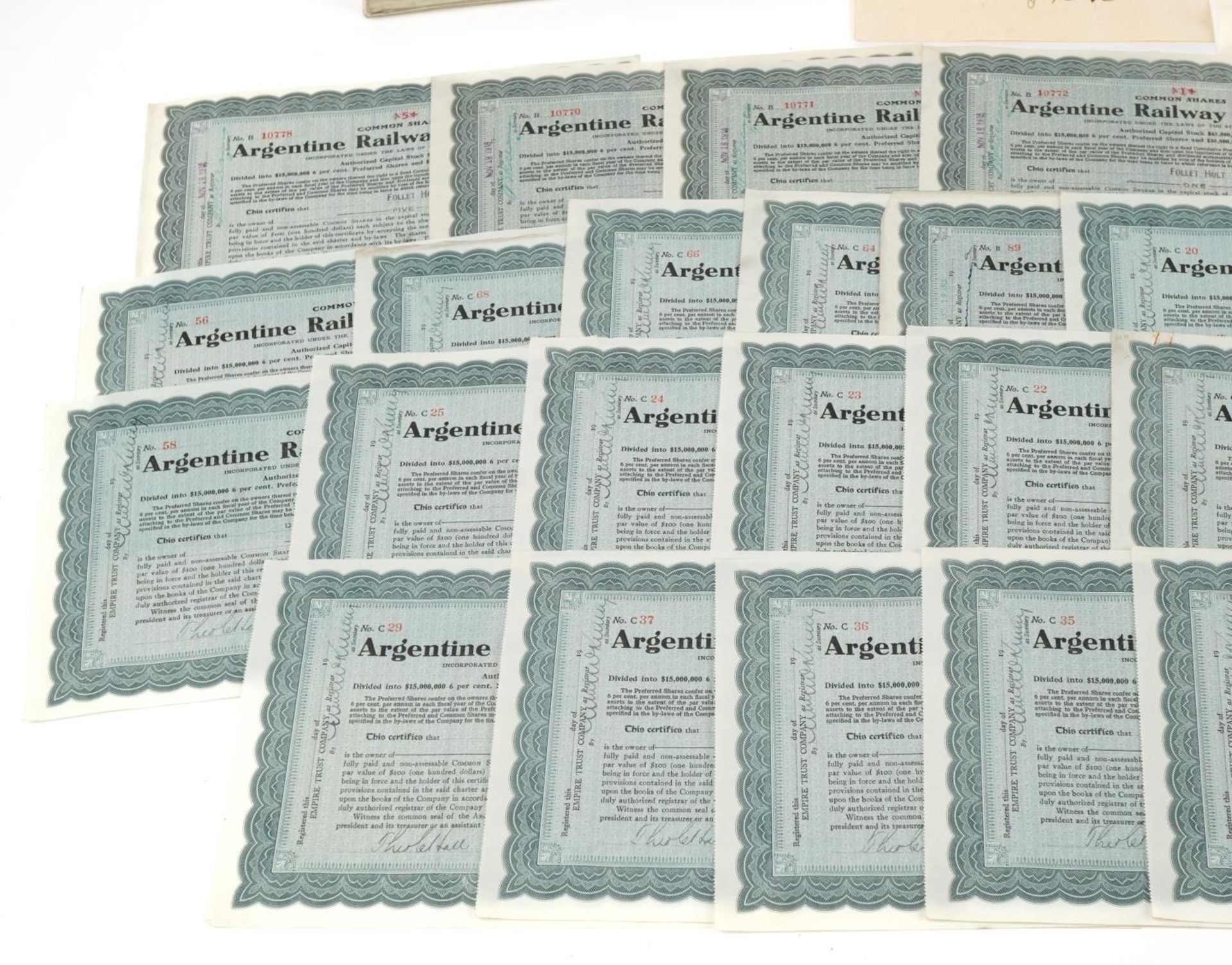 Extensive collection of early 20th century Argentine Railway Company share certificates - Bild 4 aus 6