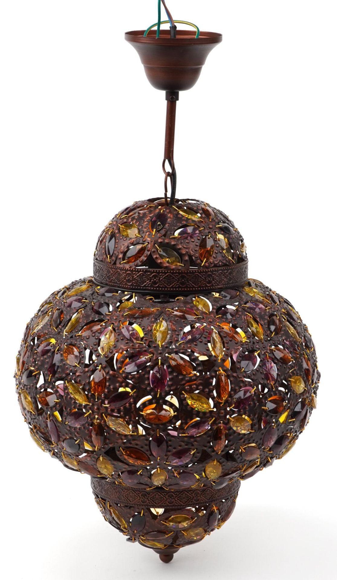 Pair of Moroccan bronzed light pendants with coloured glass beads, 50cm high - Image 7 of 12