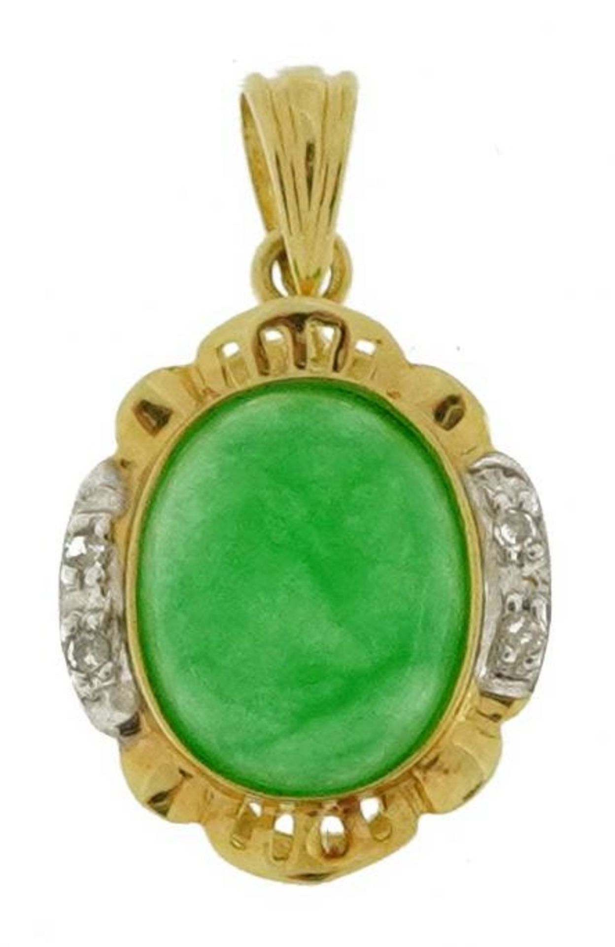 Chinese 14k gold cabochon jade and diamond pendant, 2.2cm high, 1.6g