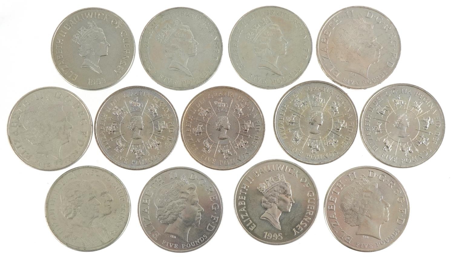 Thirteen Elizabeth II five pound coins, various designs - Image 2 of 2