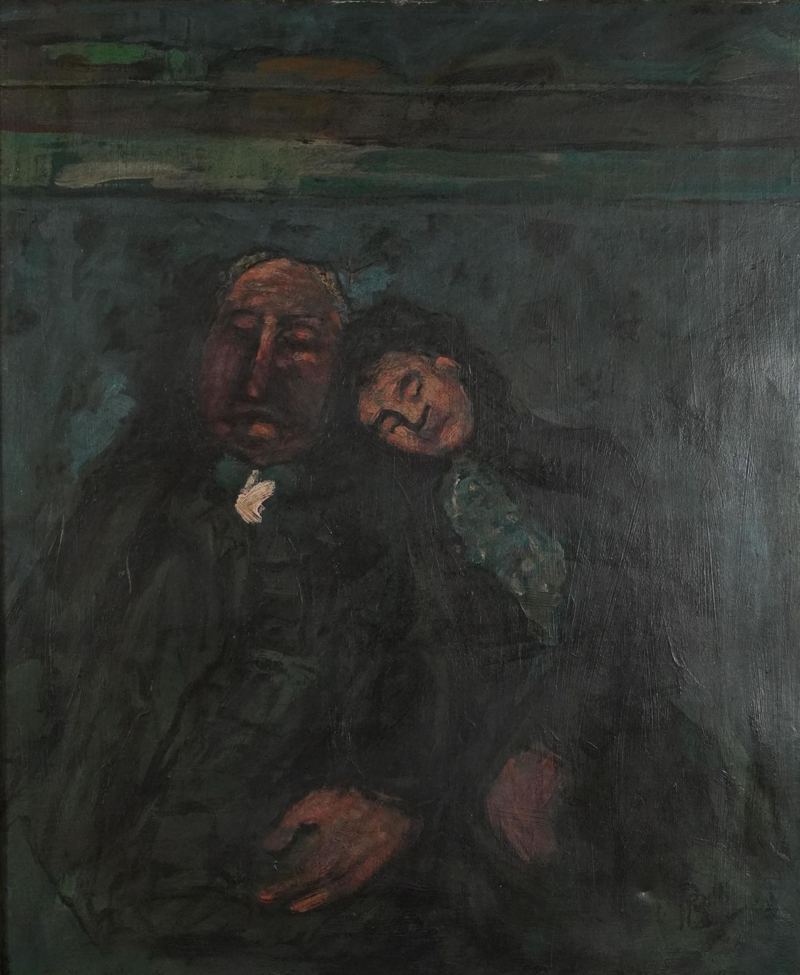 Manner of Pierre Bonnard - Two figures sleeping on a train, French school oil on canvas, mounted and - Image 2 of 8