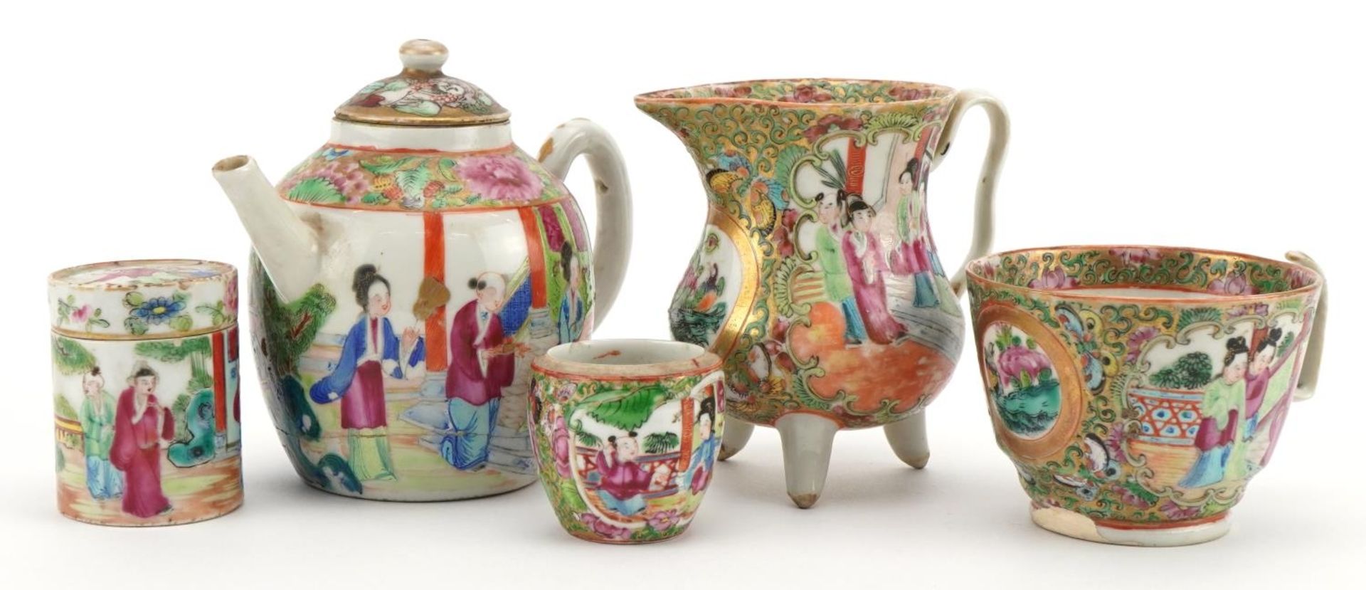 Chinese Canton porcelain including a teapot and three footed jug, each hand painted in the famille