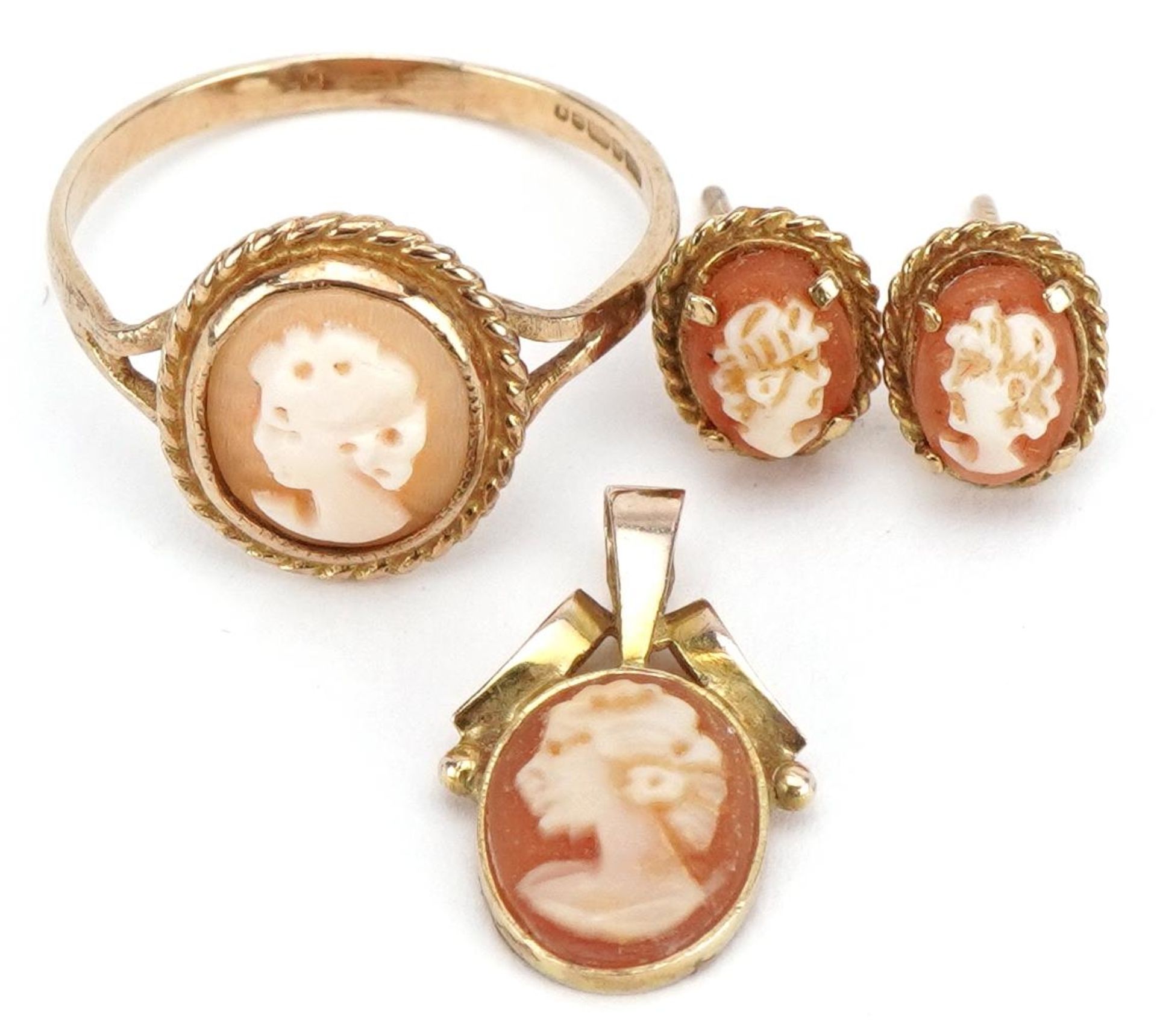 9ct gold cameo maiden head ring, matching pendant and pair of similar stud earrings, the ring size