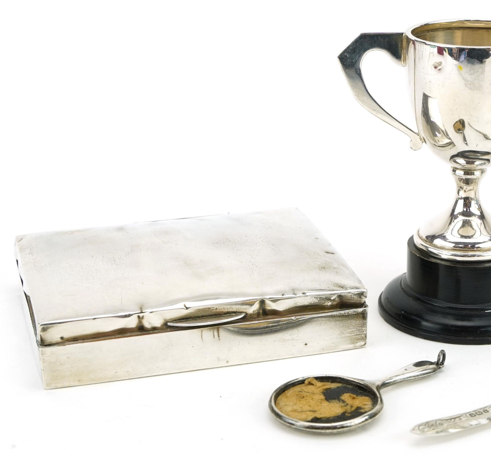 Silver objects including a cigarette box, twin handled trophy and mother of pearl folding fruit - Image 4 of 8