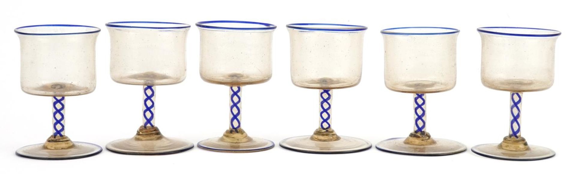 Set of six antique cordial glasses with blue air twist stems, each 7.5cm high