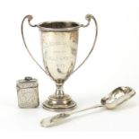 Victorian and later silver objects comprising preserve spoon, trophy with twin handles and vesta,