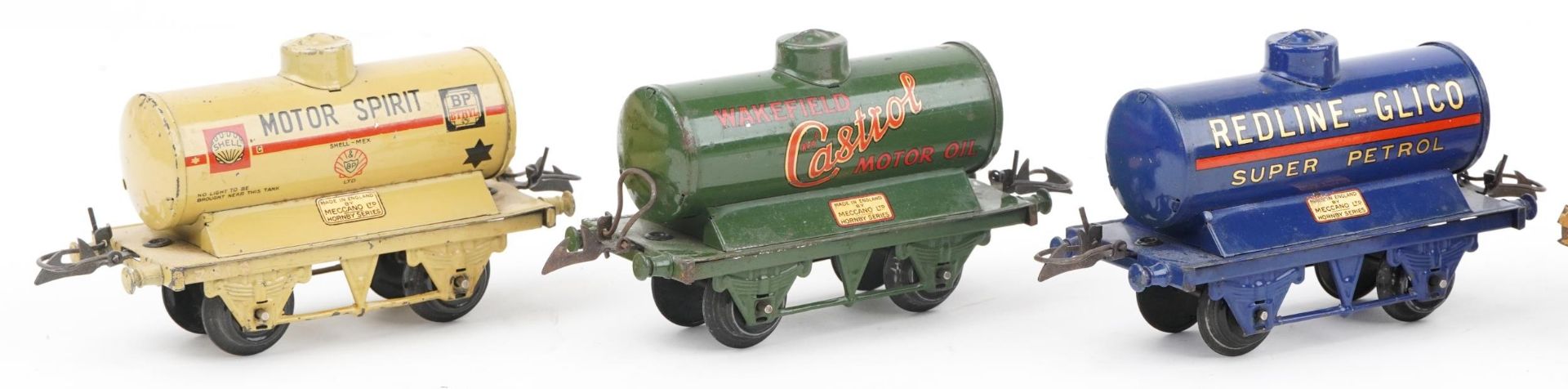 Five Hornby O gauge tinplate model railway advertising tankers comprising National Benzole - Image 2 of 5