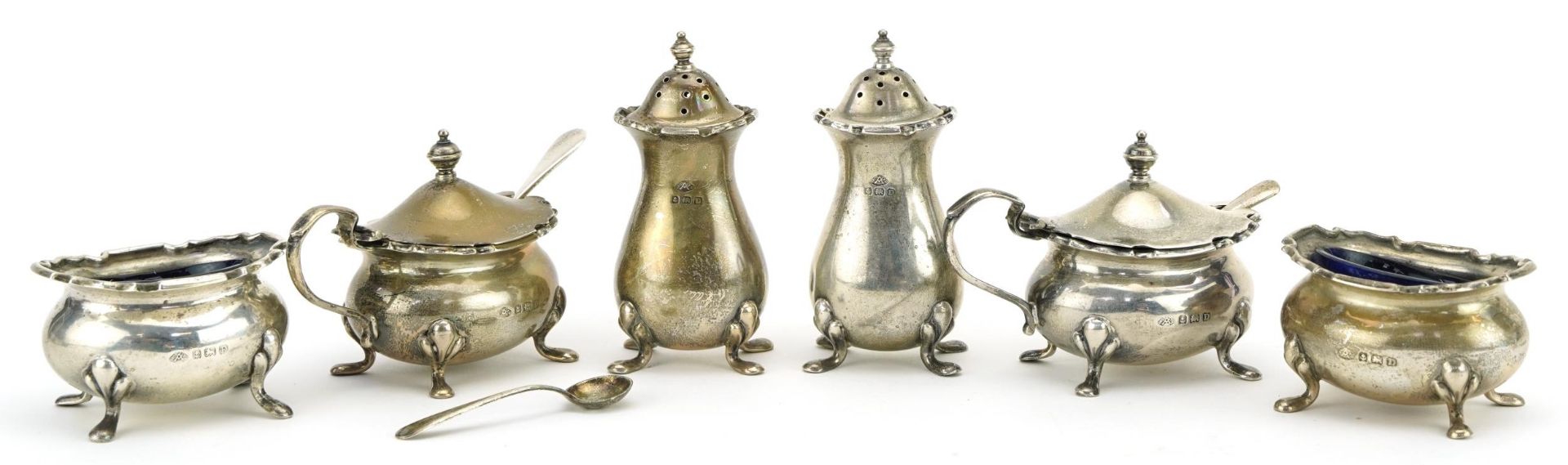 Adie Brothers, George V silver six piece cruet with blue glass liners, Birmingham 1928, the - Image 3 of 8
