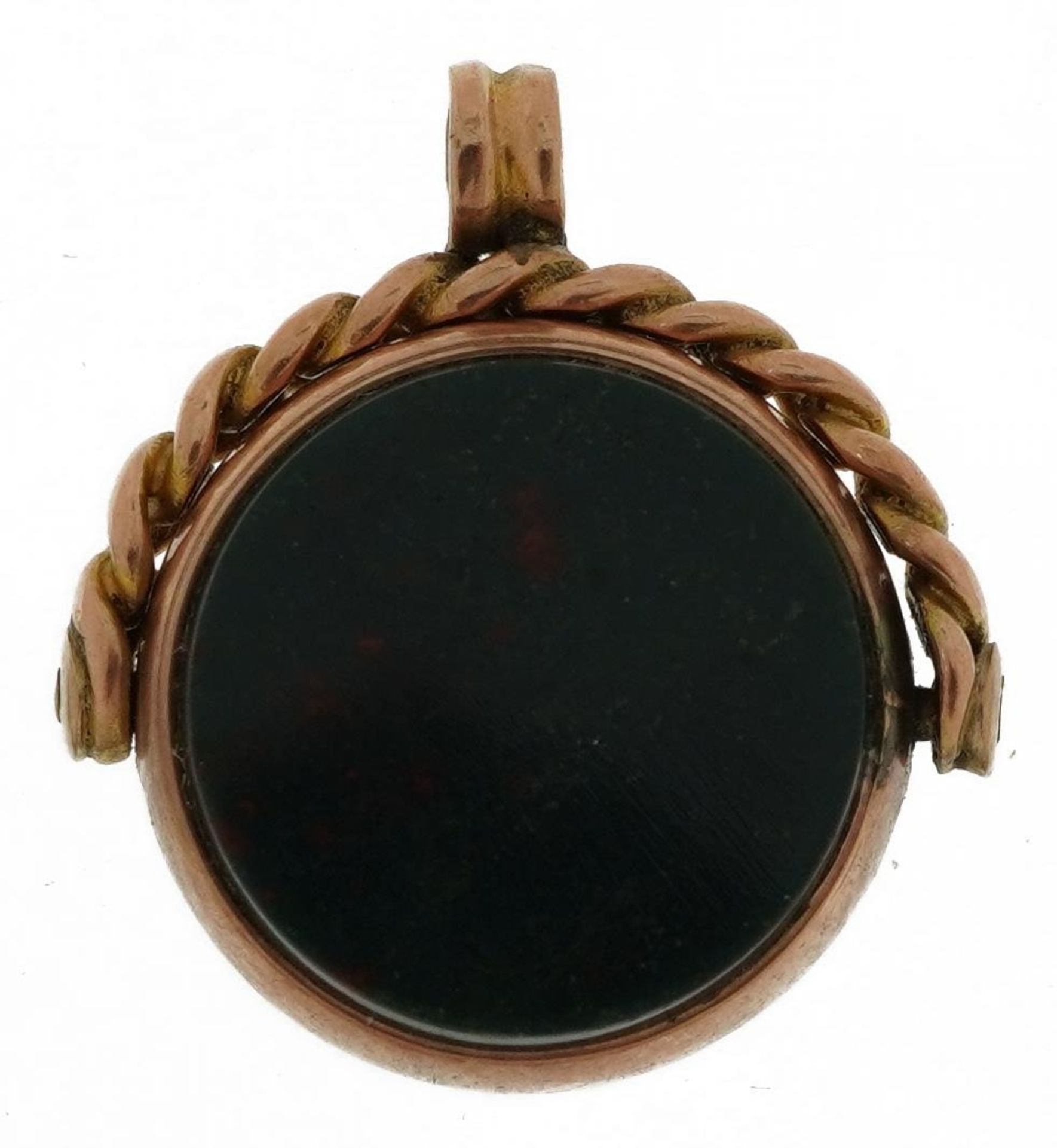 Antique 9ct rose gold bloodstone and carnelian spinner fob, 2.3cm high, 4.8g