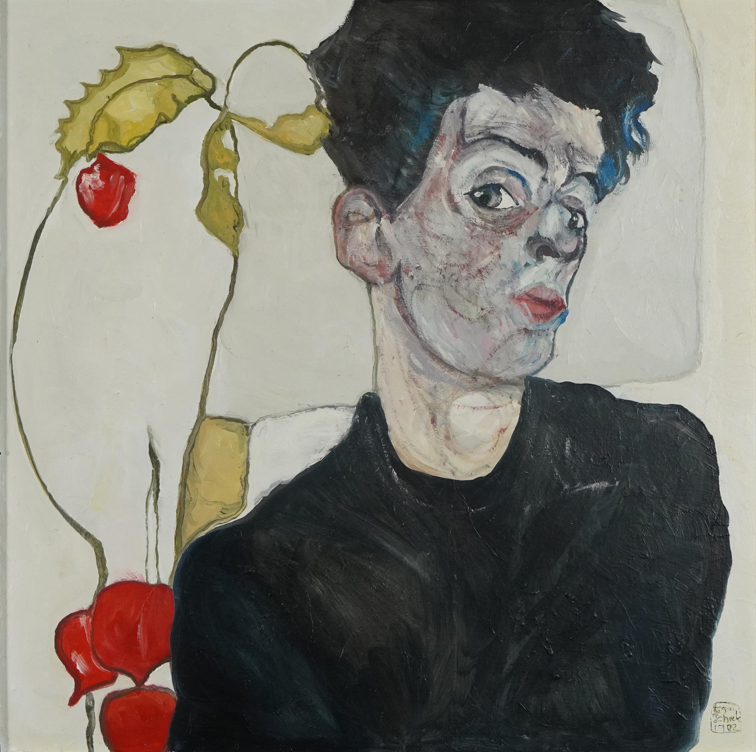 Clive Fredriksson, in the manner of Egon Schiele - Portrait with Chinese lantern, oil on board,