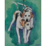 Sarah Aspinall - Coupled Foxhound puppies, oil on canvas, label verso with price of £750, mounted