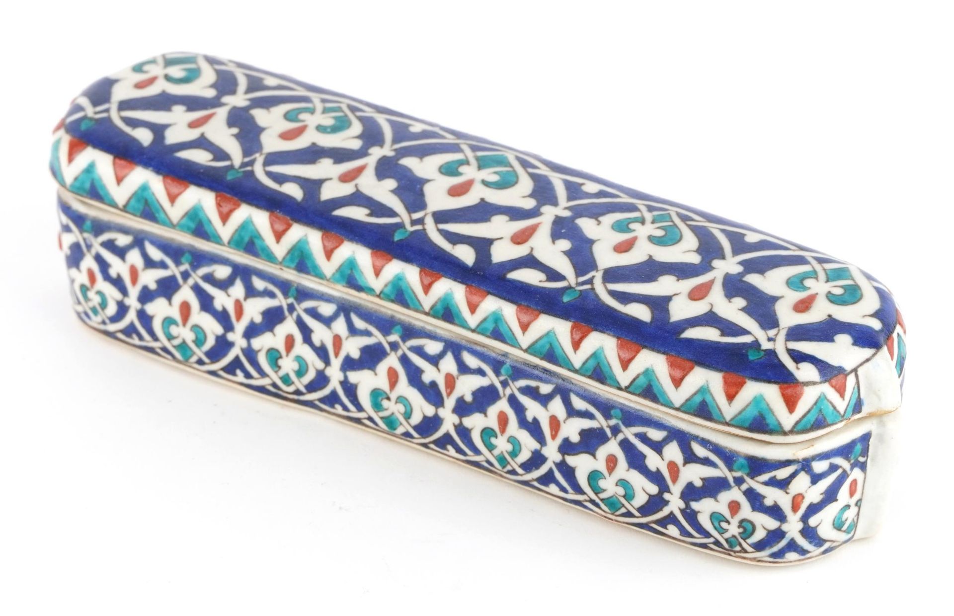 Turkish Iznik pottery pen box and cover, 23.5cm in length - Image 5 of 10