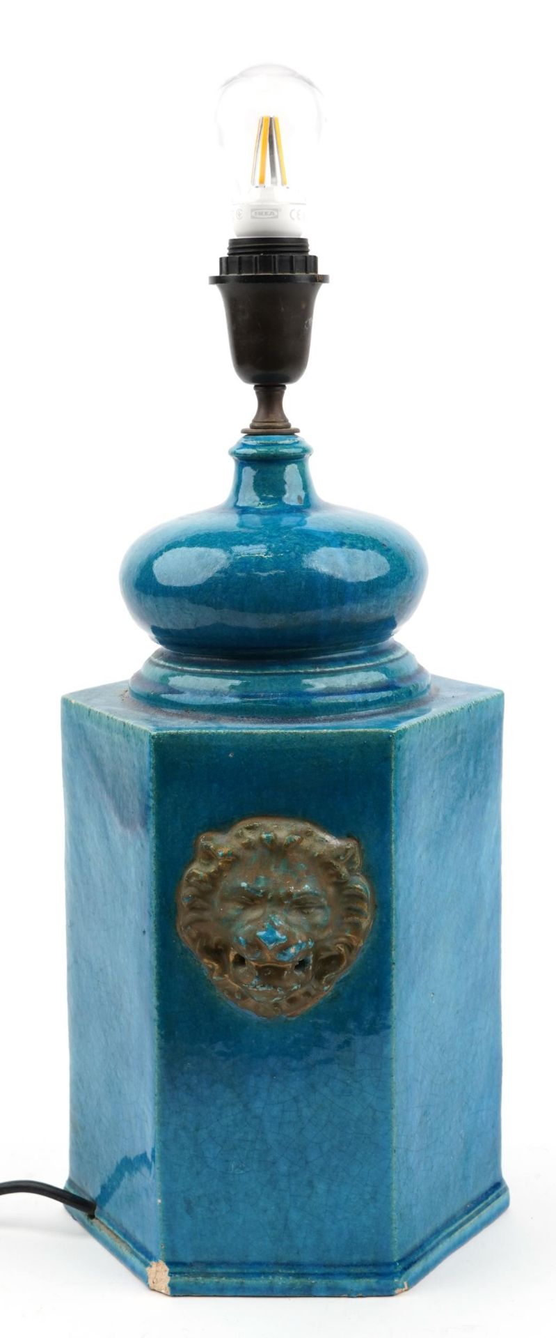 Chinese style turquoise glazed hexagonal table lamp with lion masks, 50cm high - Image 2 of 3