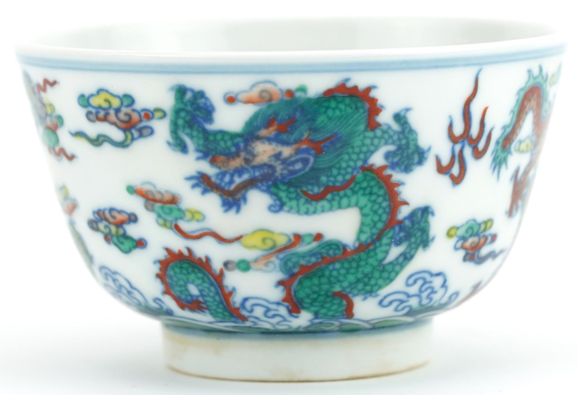 Chinese doucai porcelain bowl hand painted with dragons amongst clouds, six figure character marks - Image 2 of 3