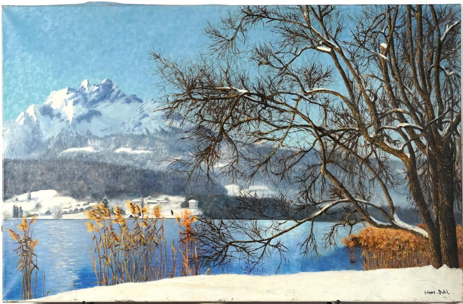 Manner of Hans Dahl - Mountainous winter landscape with lake, oil on canvas, unframed, 100cm x 65cm - Image 4 of 10