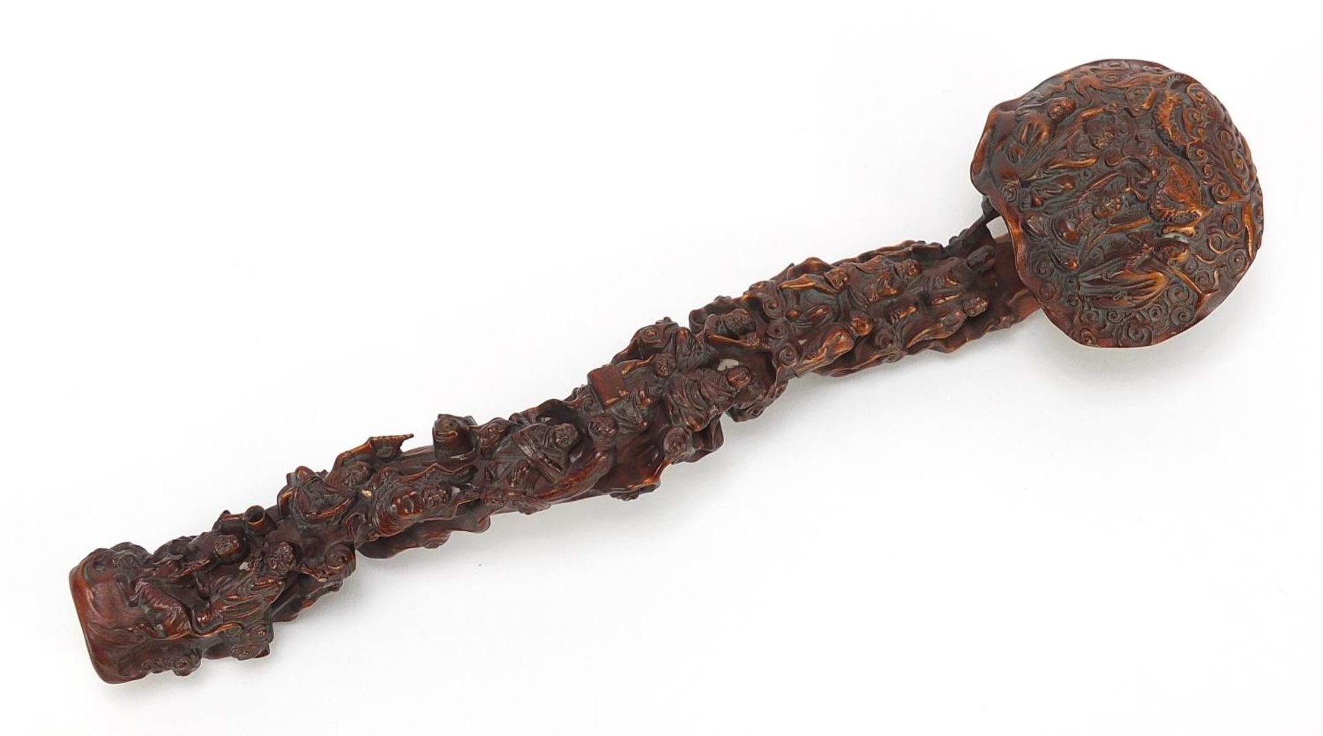 Chinese wood ruyi sceptre carved with figures, 20cm in length