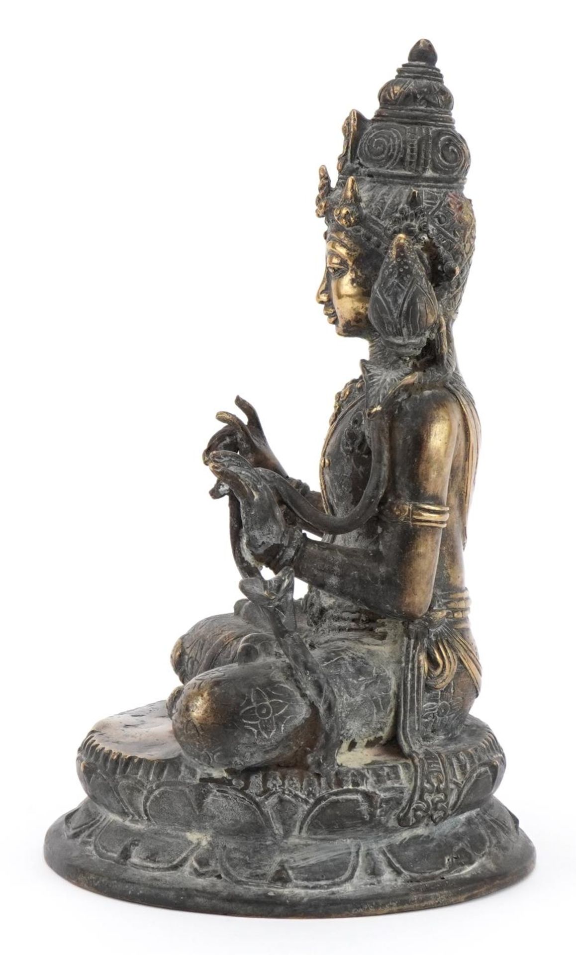 Chino Tibetan patinated bronze figure of seated Buddha, 29cm high - Image 4 of 12