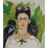 Clive Fredriksson, in the manner of Frida Kahlo - Portrait with monkey and cat, oil, mounted, framed