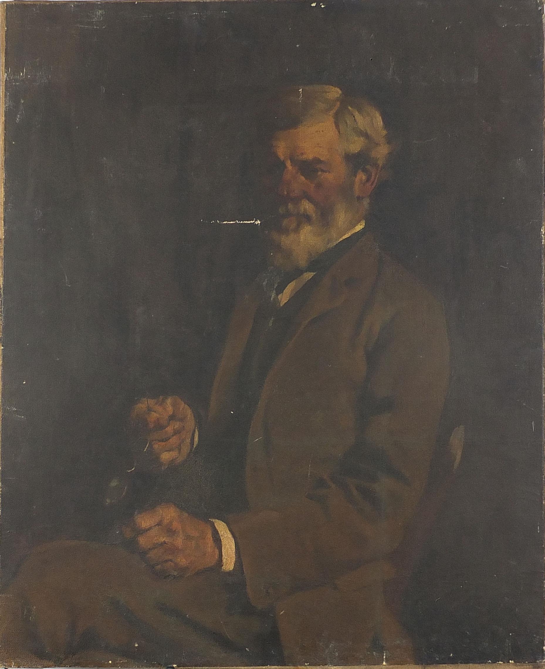 Portrait of a seated elderly gentleman holding spectacles, late 19th/early 20th century oil on