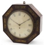 Victorian mahogany fusee wall clock with foliate brass inlay and circular dial having Roman