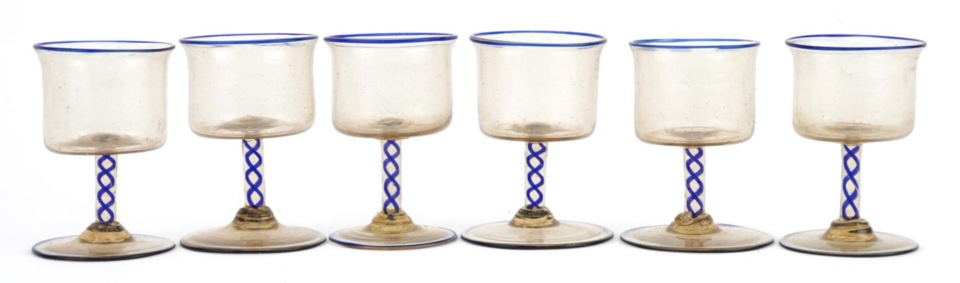 Set of six antique cordial glasses with blue air twist stems, each 7.5cm high - Image 4 of 6