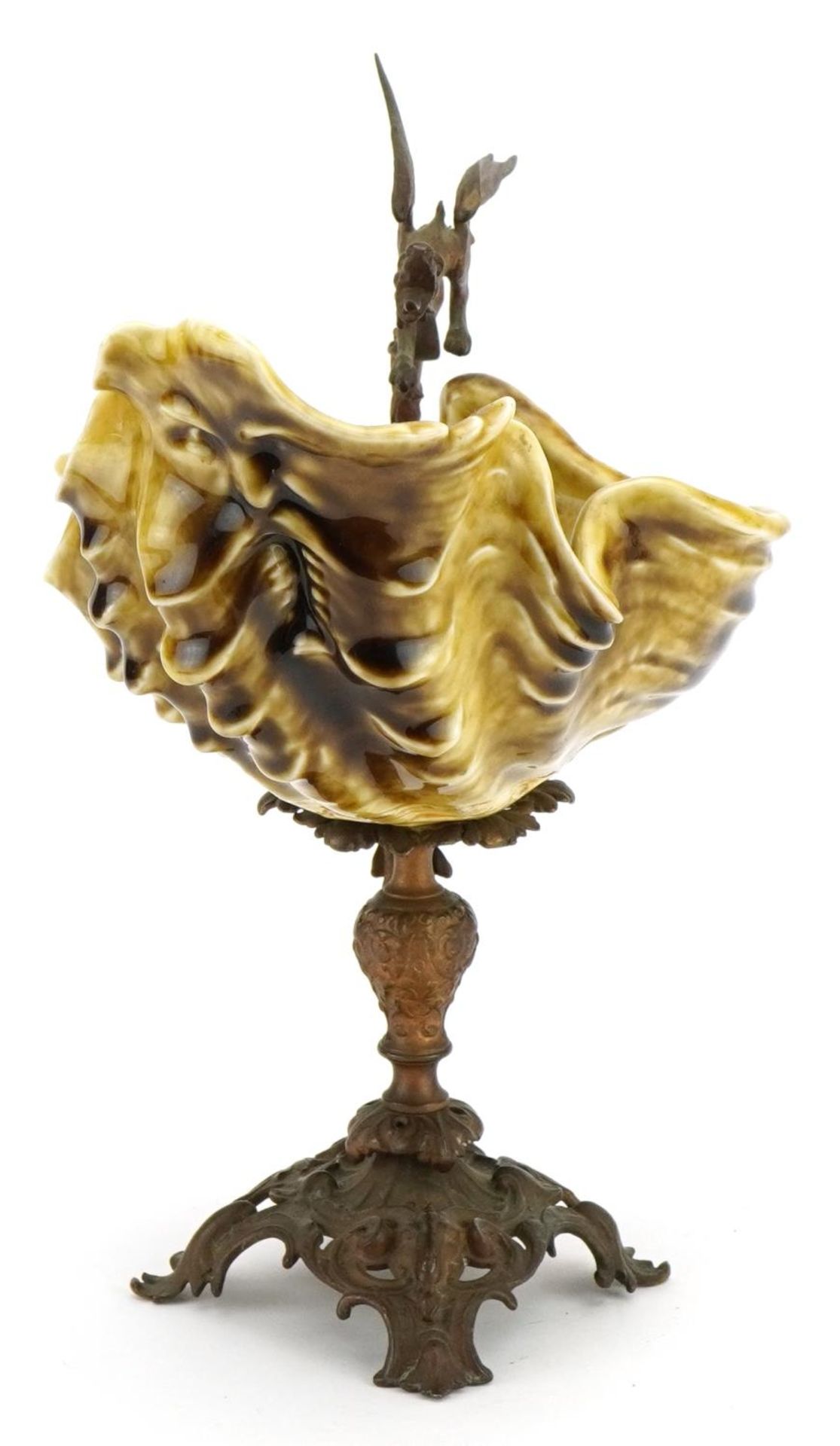 19th century continental gilt metal centrepiece with dragon handle and pottery shell shaped bowl, - Bild 9 aus 14