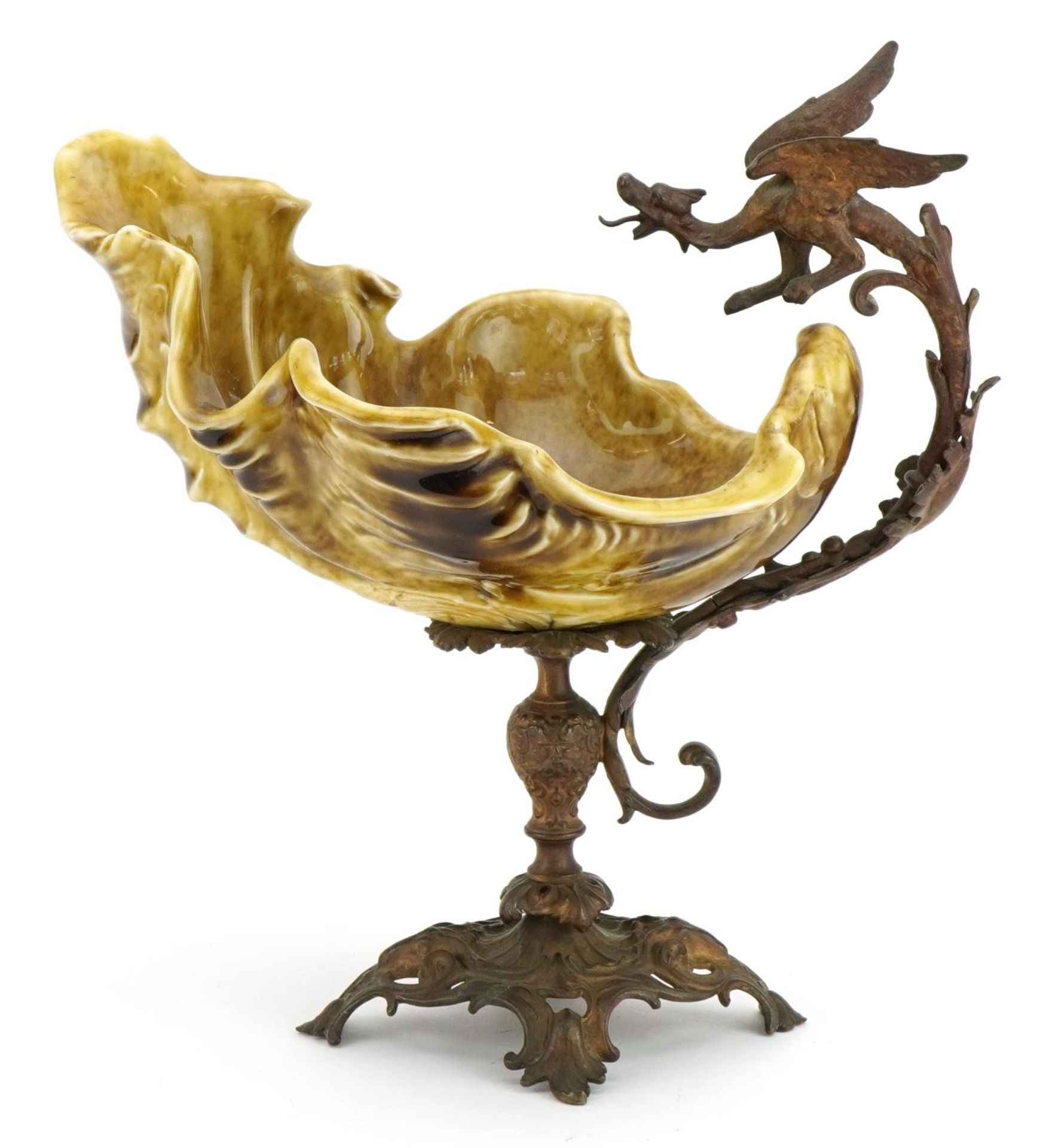 19th century continental gilt metal centrepiece with dragon handle and pottery shell shaped bowl, - Bild 3 aus 14