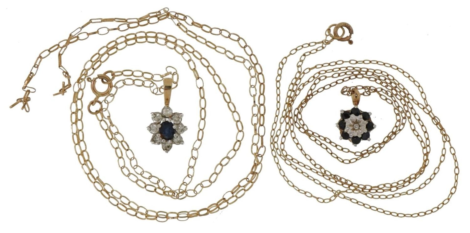 Two unmarked gold sapphire cluster pendants, one set with a diamond, on 9ct gold necklaces, the - Bild 2 aus 3