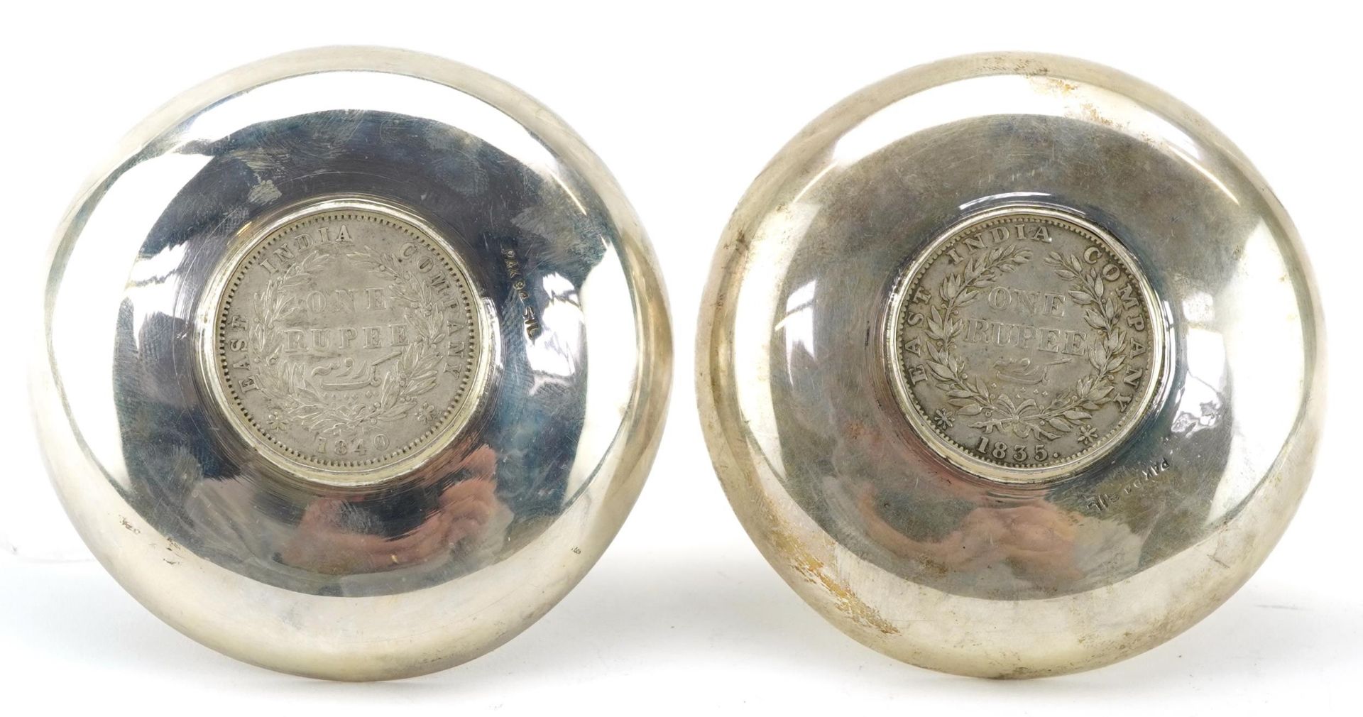 Pair of Indian circular silver 1835 and 1840 one rupee coin dishes, 8cm in diameter, 77.8g - Image 3 of 6