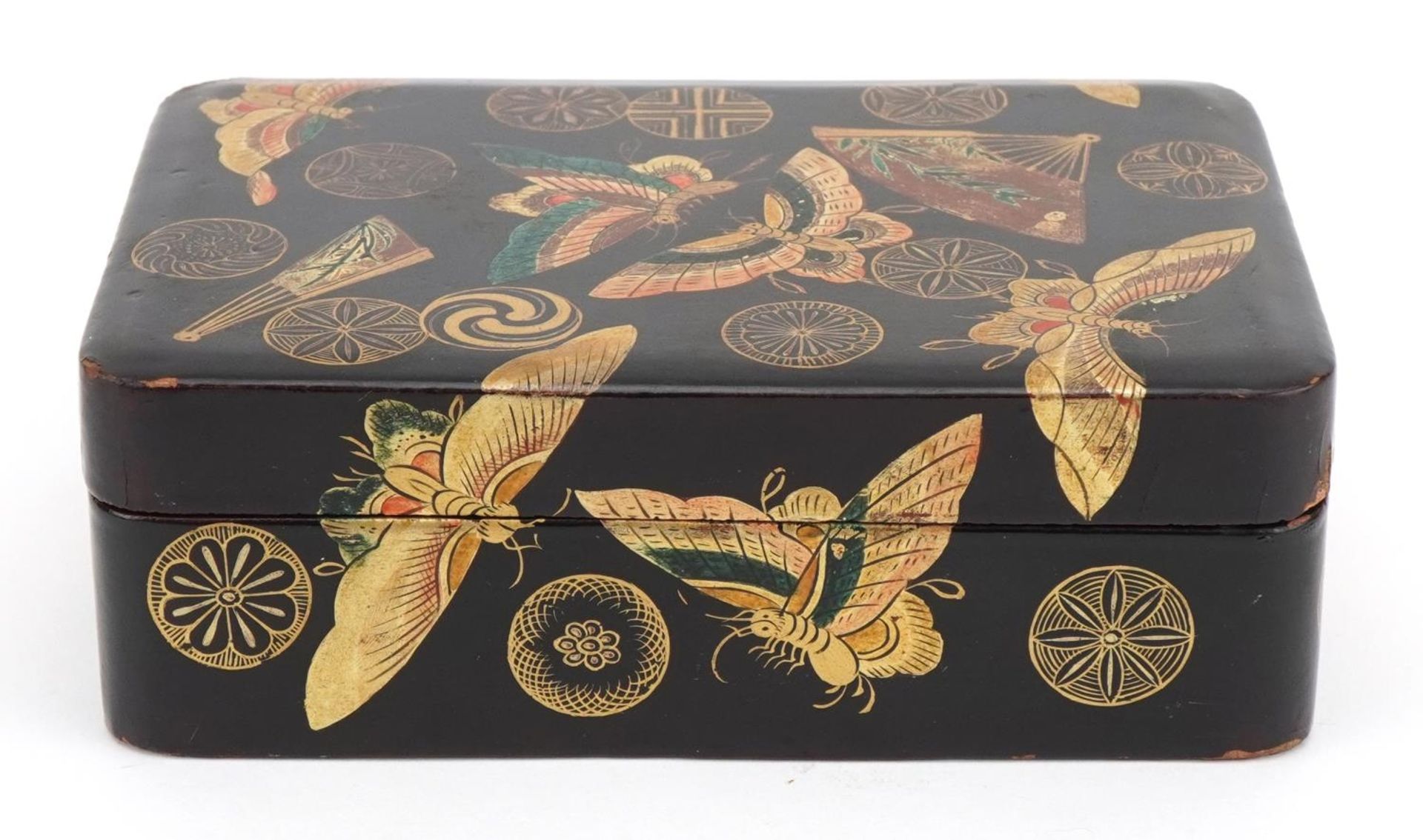 Japanese lacquered box and cover gilded with butterflies amongst fans and stylised roundels, 5cm x - Image 7 of 14
