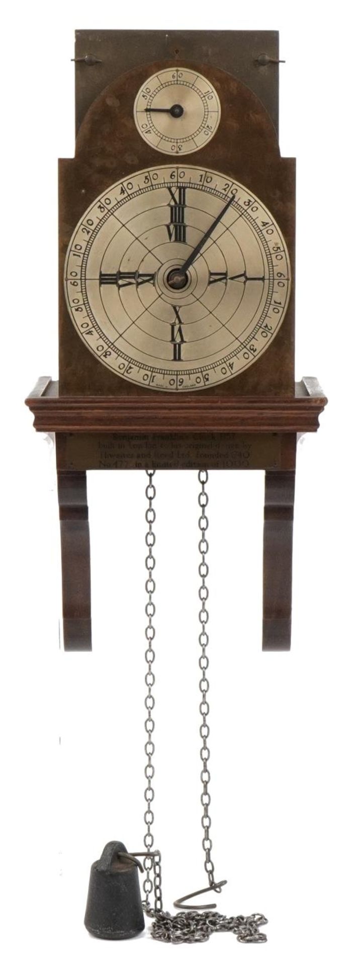 Thwaites & Reed Ltd, mahogany and brass Benjamin Franklin design wall clock, limited edition 477/ - Image 2 of 8